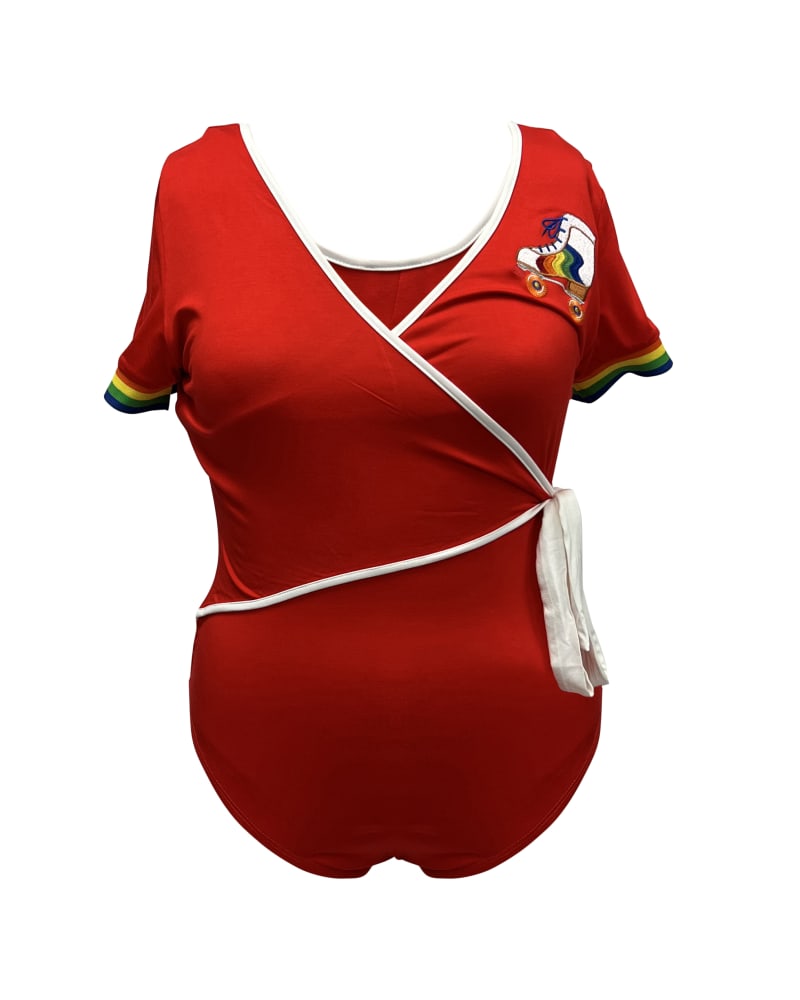 Front of a size 3X Unique Vintage Red & Rainbow Skate Surplice Bodysuit in Red by Unique Vintage. | dia_product_style_image_id:299041